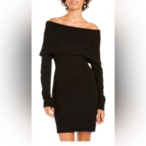 BCX Dress Size Small Black Long Sleeve Off Shoulder Fuzzy Fold Down Coll…
